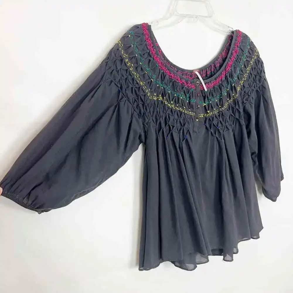 Free People Embroidered Boho 3/4 Puff Sleeve Gray Top Size XS